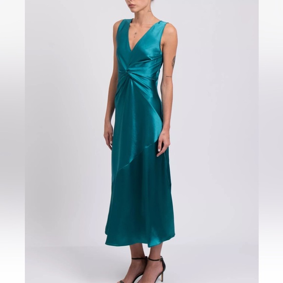 Anthro Pinko $378 Green Satin Twist  Midi Bias Cut Slip Dress Size 38 US 2 XS - Picture 4 of 9
